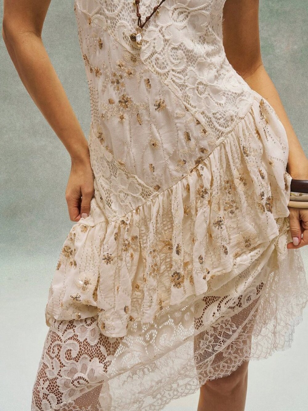 Pale Yellow Casual Women's Contrast Lace Slim Fit Boho A-Line Midi Dress - Picture 4 of 4
